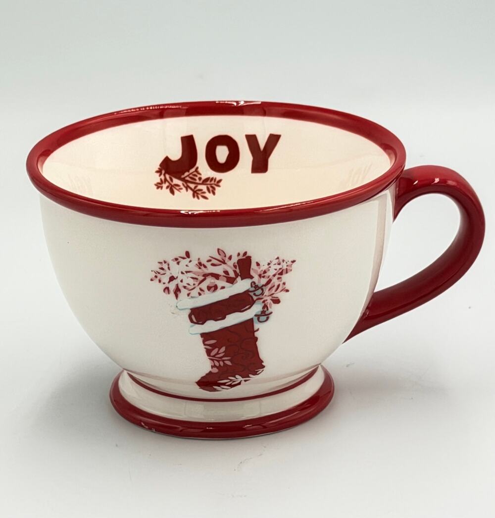 STARBUCKS Coffee Christmas Stocking Red & White Holiday JOY 2007 Footed Mug
